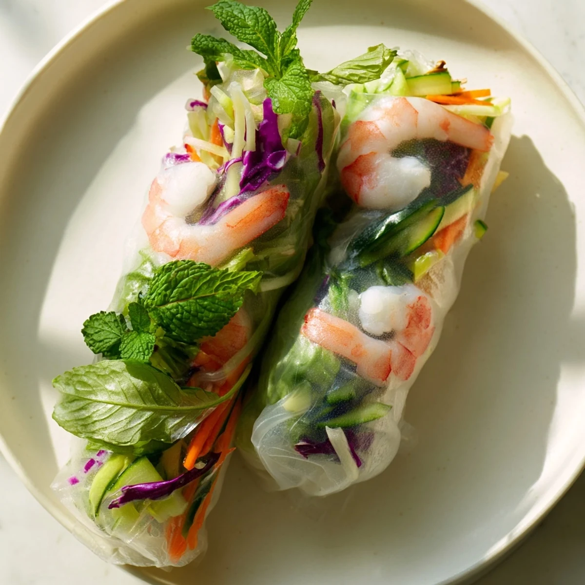 Handheld Thai shrimp rolls with peanut sauce feature transparent wrappers revealing colorful julienned vegetables inside