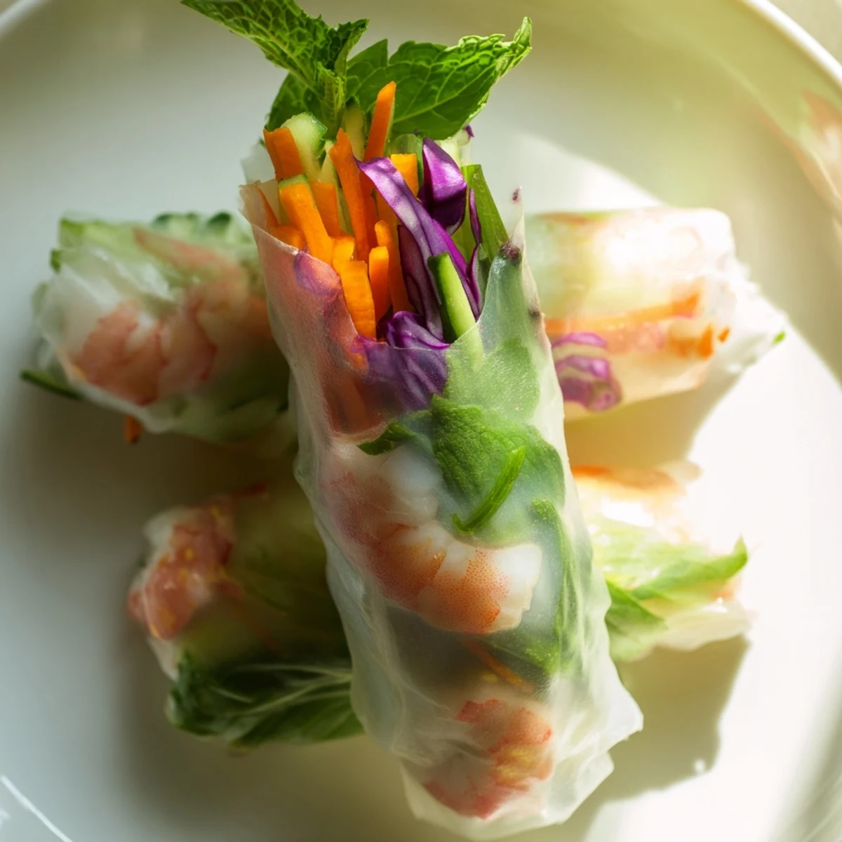 Fresh Thai shrimp rolls with peanut sauce showcasing pink shrimp, crisp vegetables, and delicate rice paper