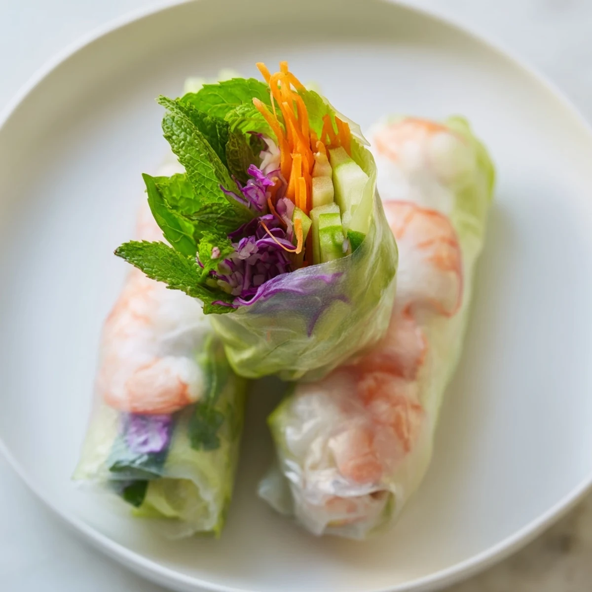 Thai shrimp rolls with peanut sauce arranged on platter with mint, cilantro, and creamy dipping sauce