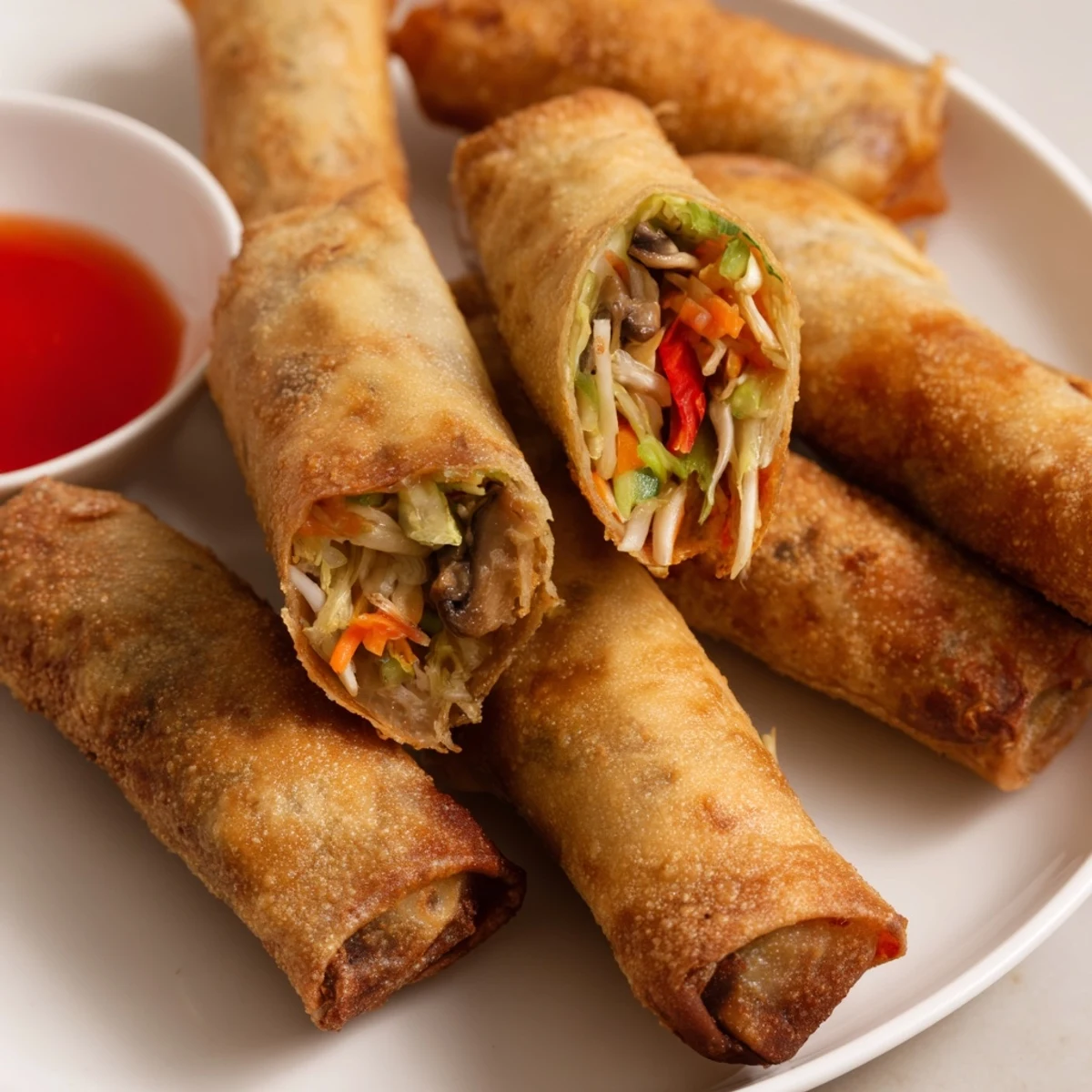 Golden Chinese vegetable spring rolls with a crispy fried texture and colorful vegetable filling