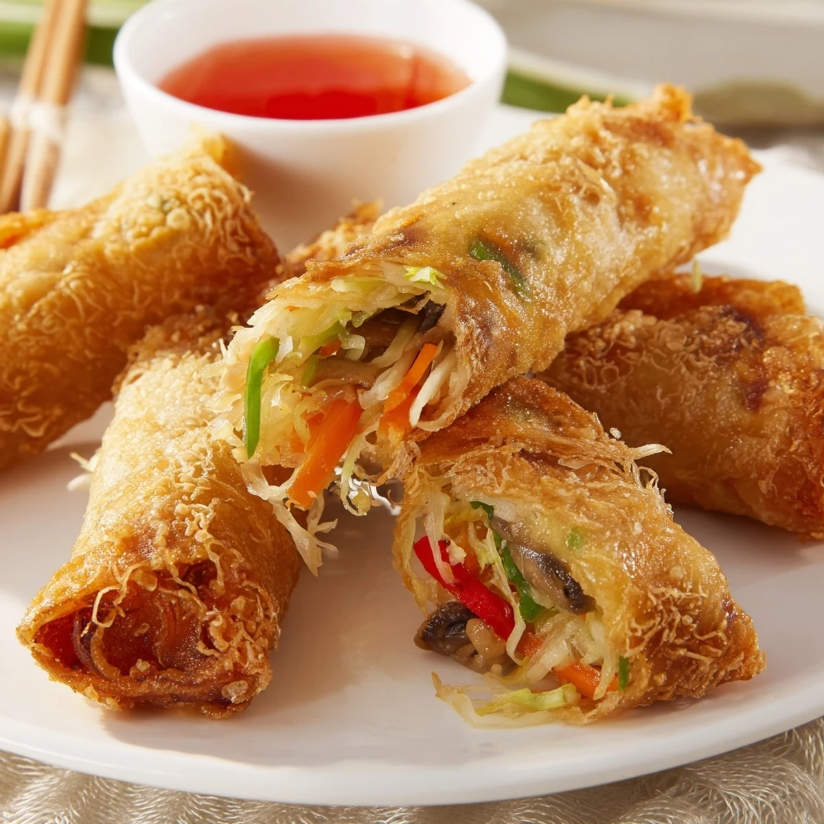 Fresh vegetable spring rolls arranged on a white plate with sweet chili dipping sauce