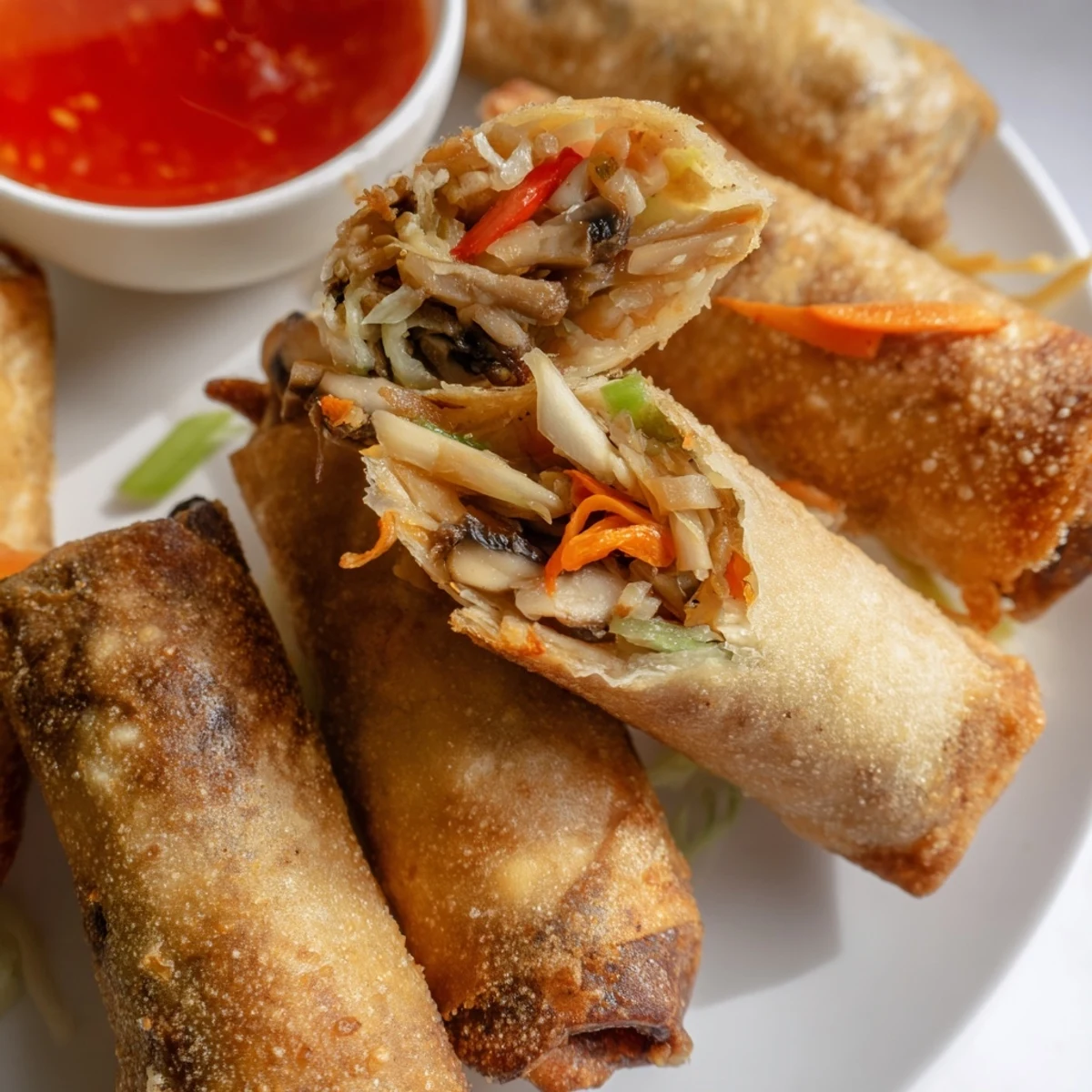 Hand-rolled crispy Chinese vegetable spring rolls featuring shredded cabbage carrots and bell peppers