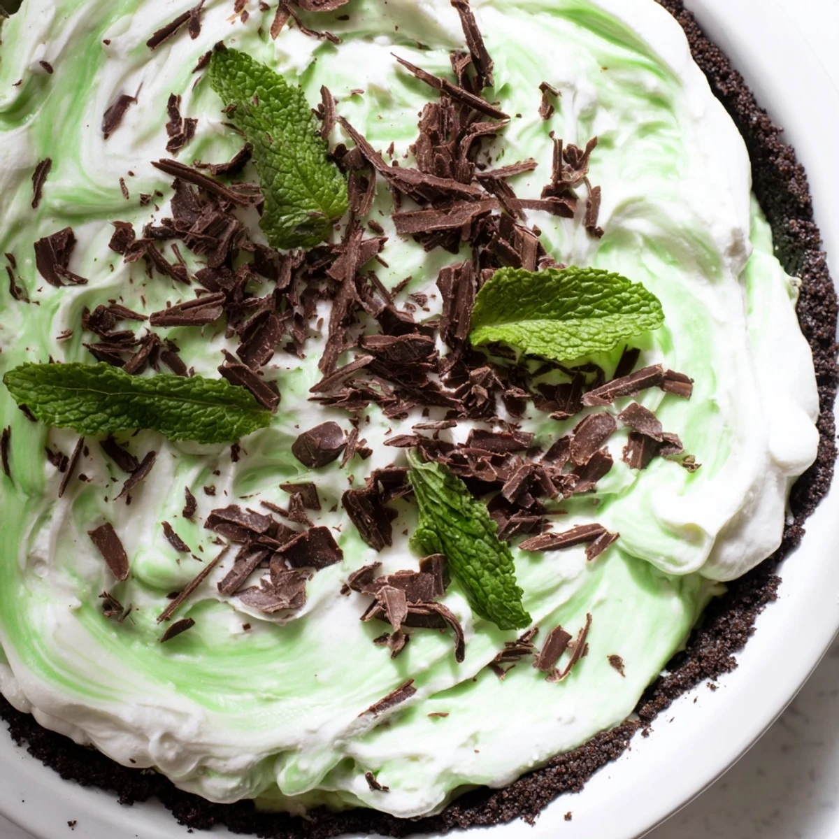 Creamy shamrock swirl pie with marbled green mint filling in chocolate cookie crust