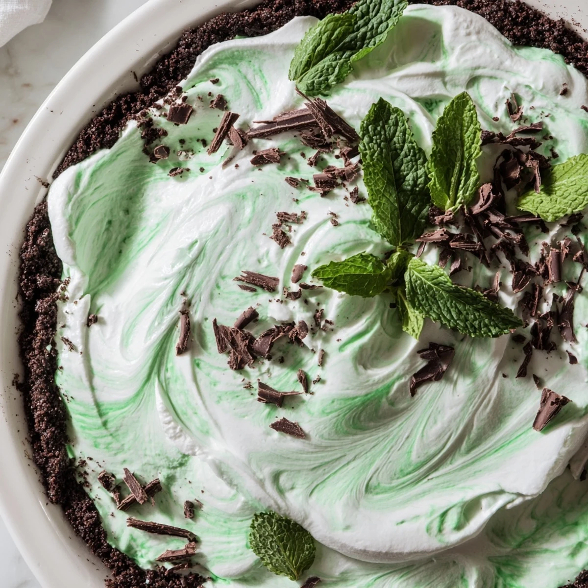 Slice of shamrock swirl pie topped with whipped cream and chocolate shavings on white plate