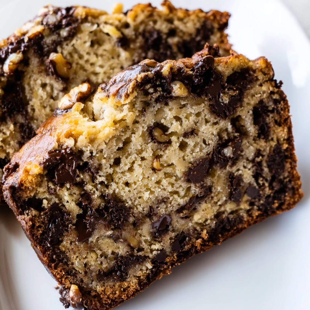 Golden brown chocolate chip banana bread loaf with melting chocolate chunks on top