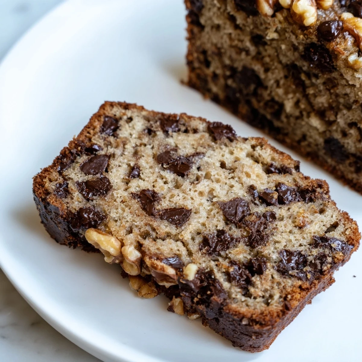 Thick slice of moist chocolate chip banana bread served on a white plate