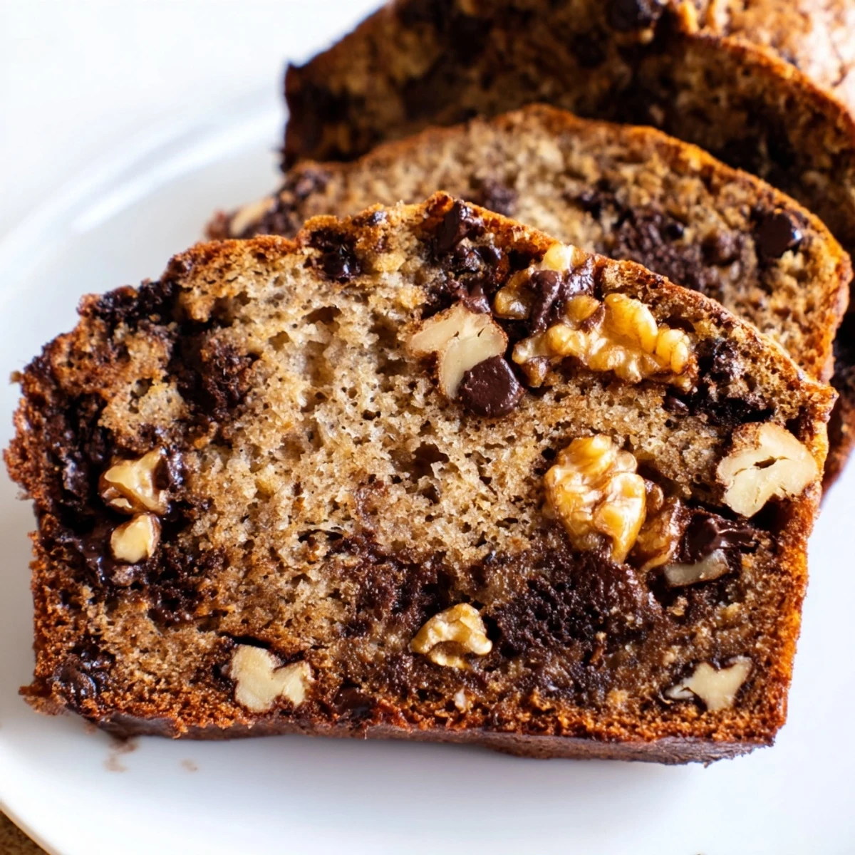 Freshly baked chocolate chip banana bread cooling on wire rack with visible chips