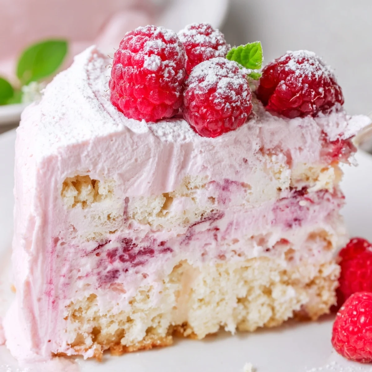Elegant raspberry mousse cake with airy almond sponge layers and vibrant fresh berry topping