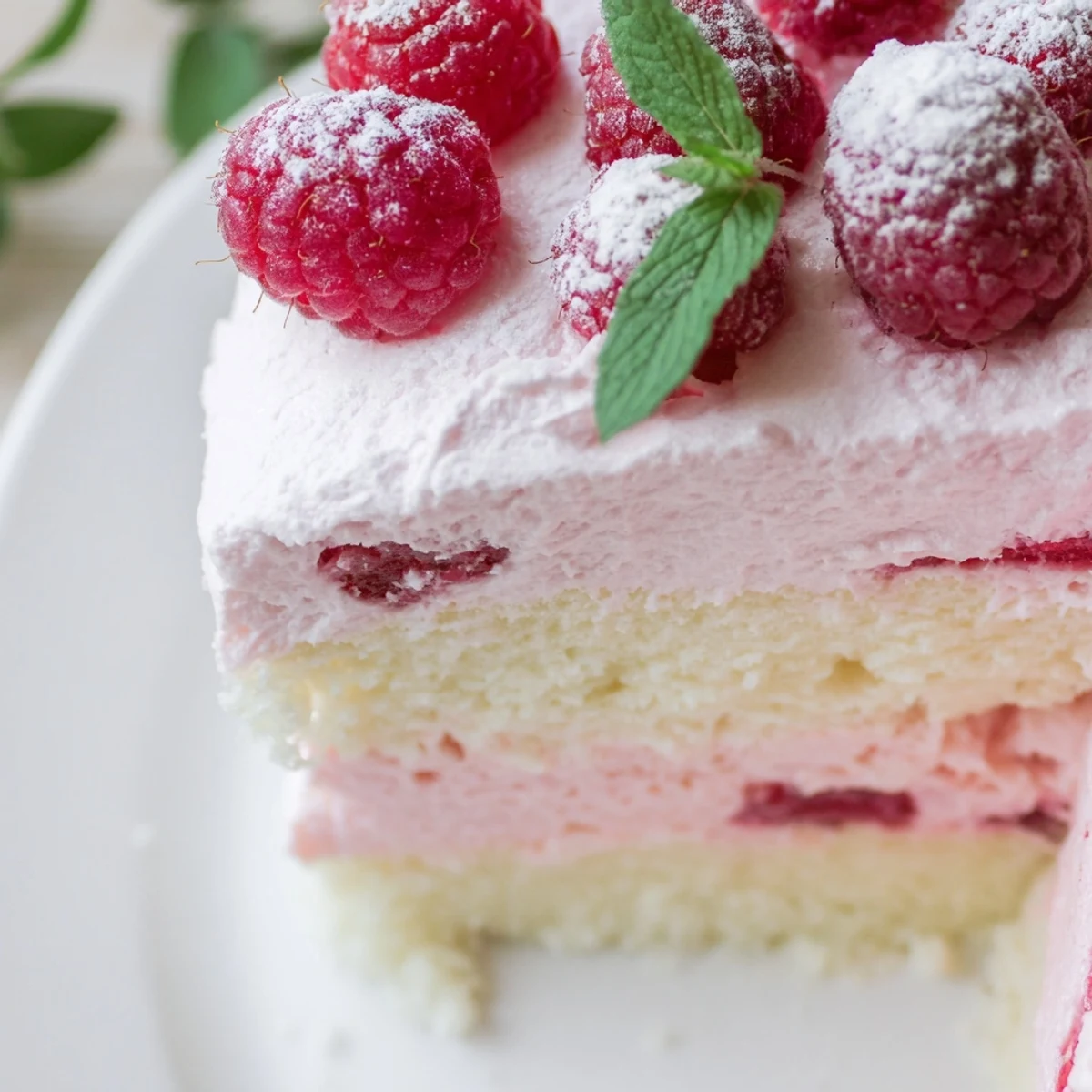 Slice of raspberry mousse cake showing creamy pink filling against golden almond sponge base