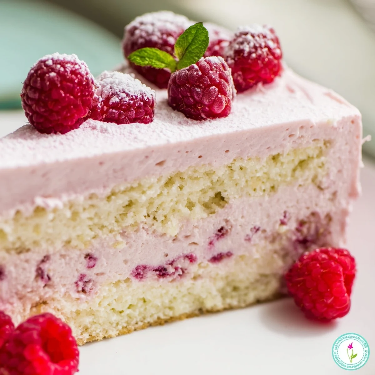 French-style raspberry mousse cake featuring light whipped texture and plump fresh raspberries