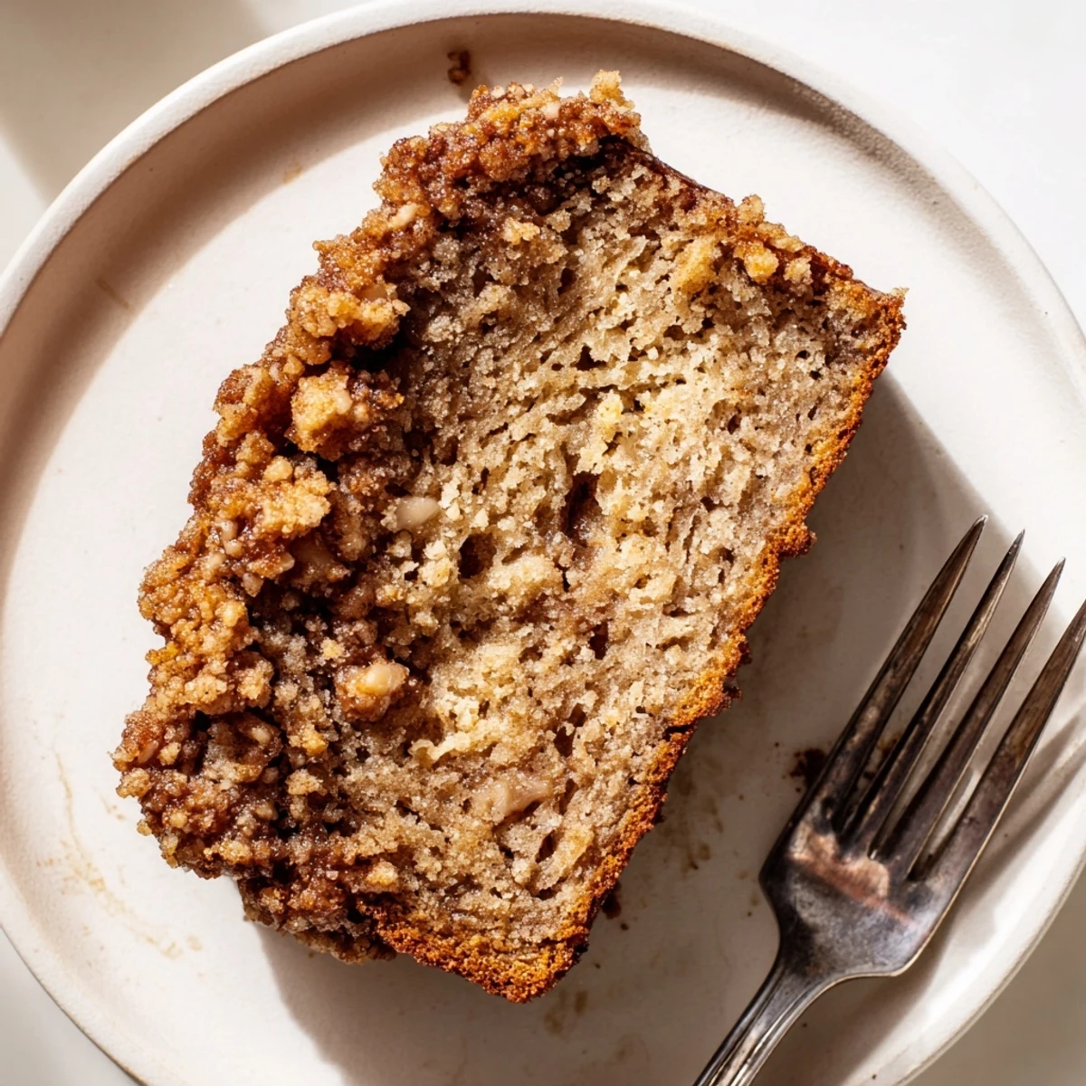 Golden brown cinnamon crumb banana bread loaf topped with crunchy spiced sugar streusel