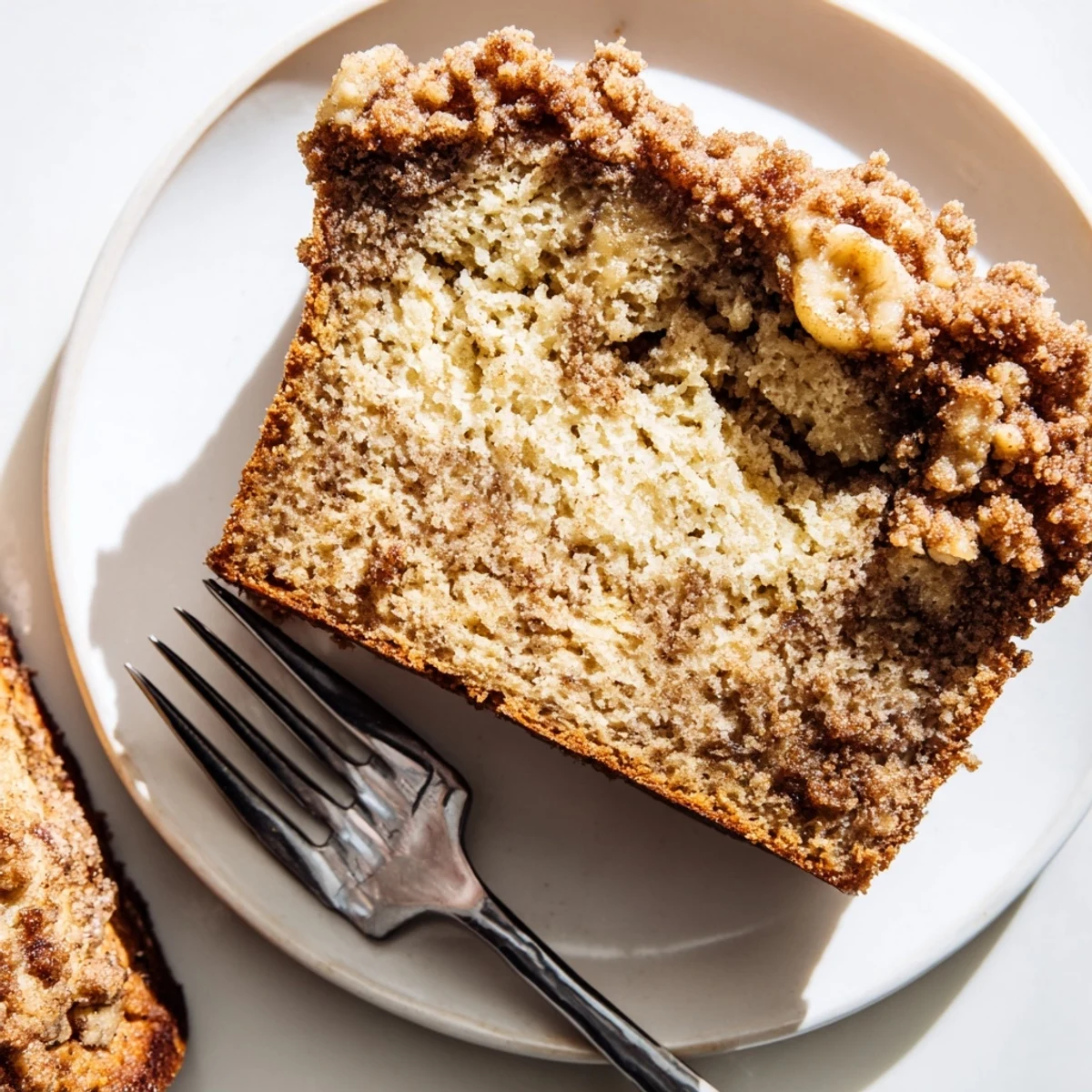 Warm cinnamon crumb banana bread served on rustic wooden board with sprinkled topping detail