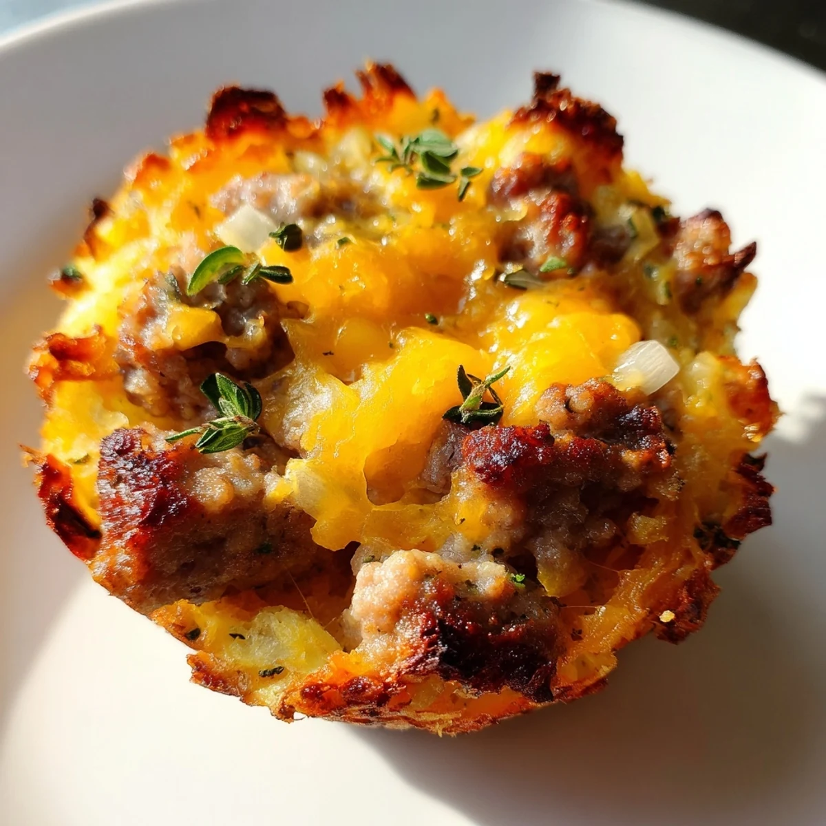 Golden crispy St. Patricks Irish sausage and mashed potato cups topped with melted cheddar and fresh green scallions on a white serving plate