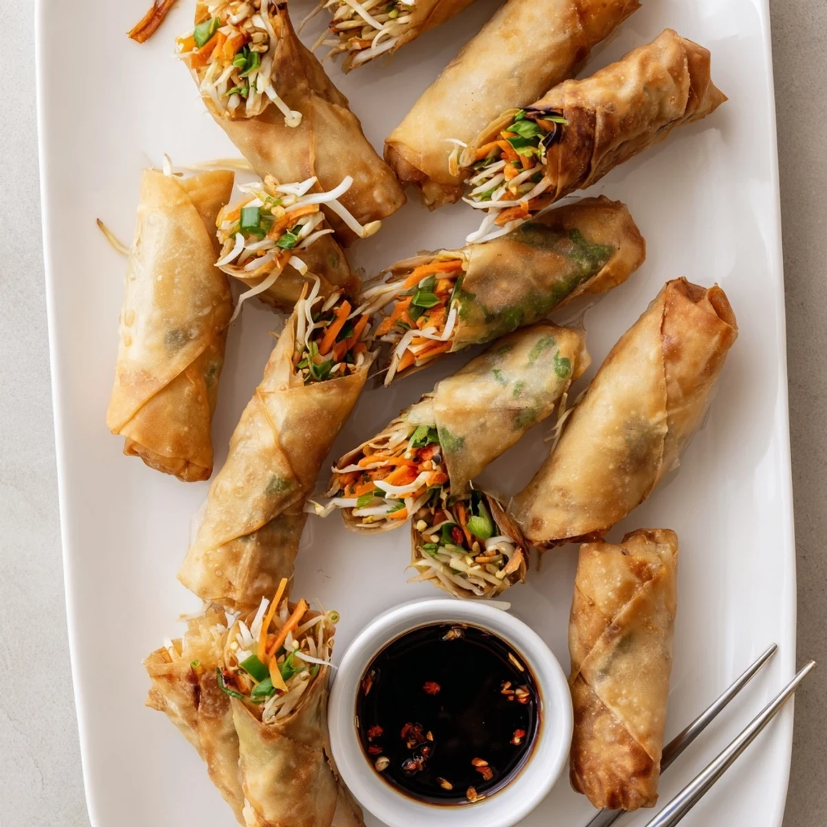 Golden air fryer spring rolls with crispy exteriors and colorful vegetable filling