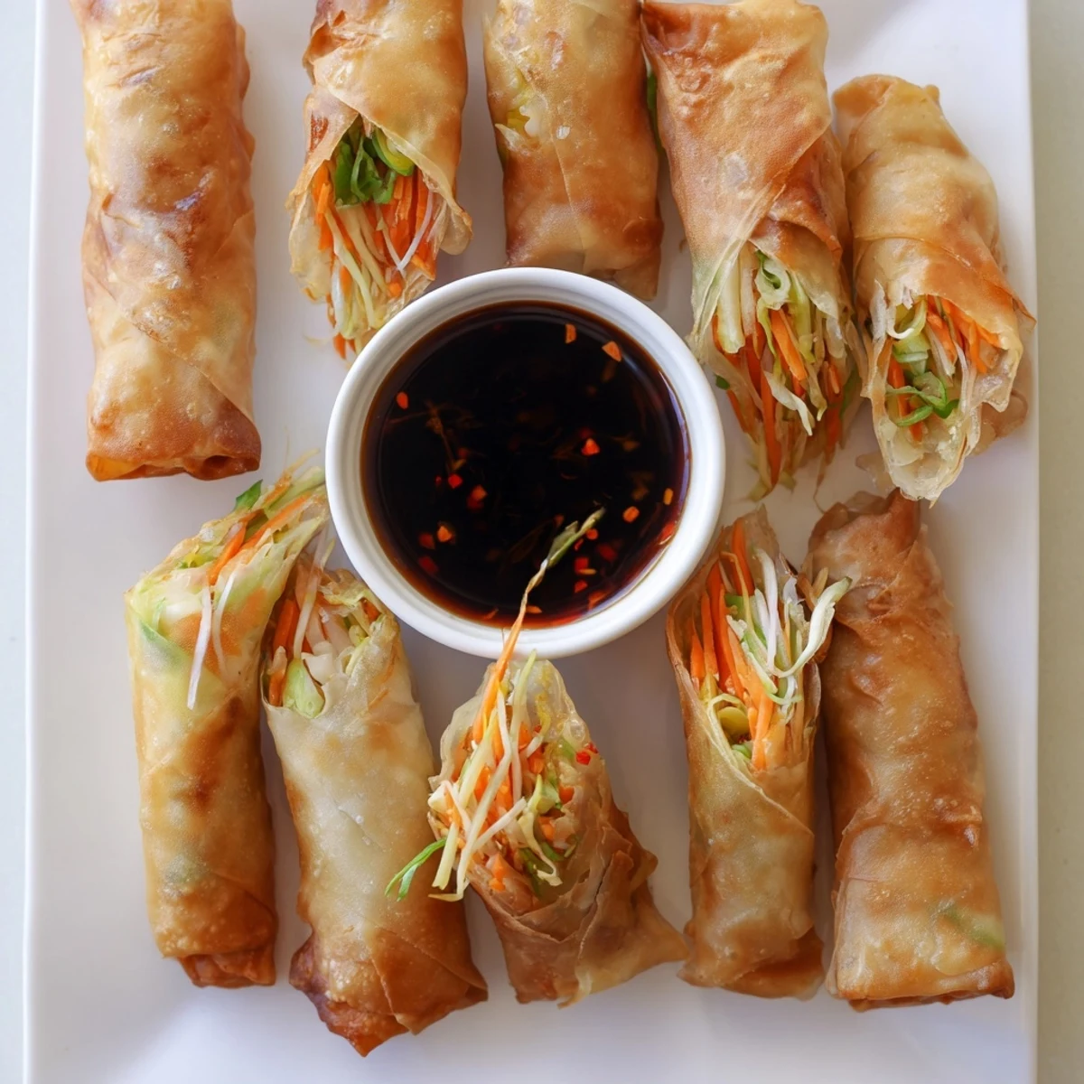 Crispy homemade air fryer spring rolls served with tangy dipping sauce on plate