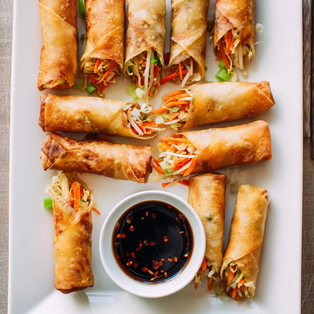 Vegetable-filled air fryer spring rolls arranged on white plate with sweet chili dip