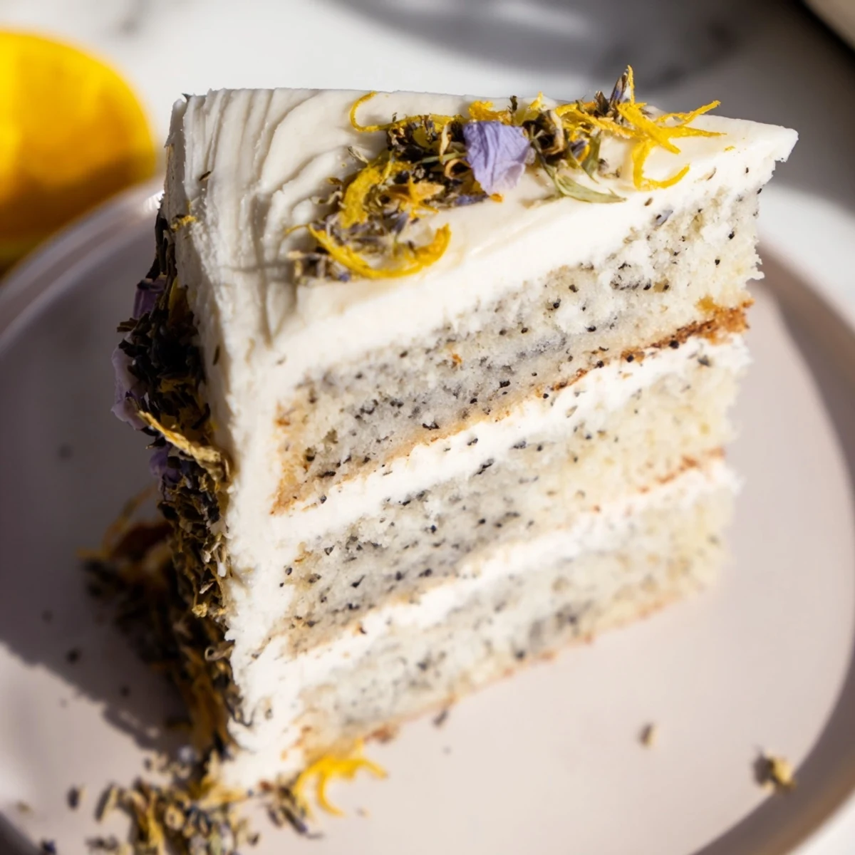 London Fog cake slice revealing Earl Grey-infused layers with creamy vanilla bean frosting