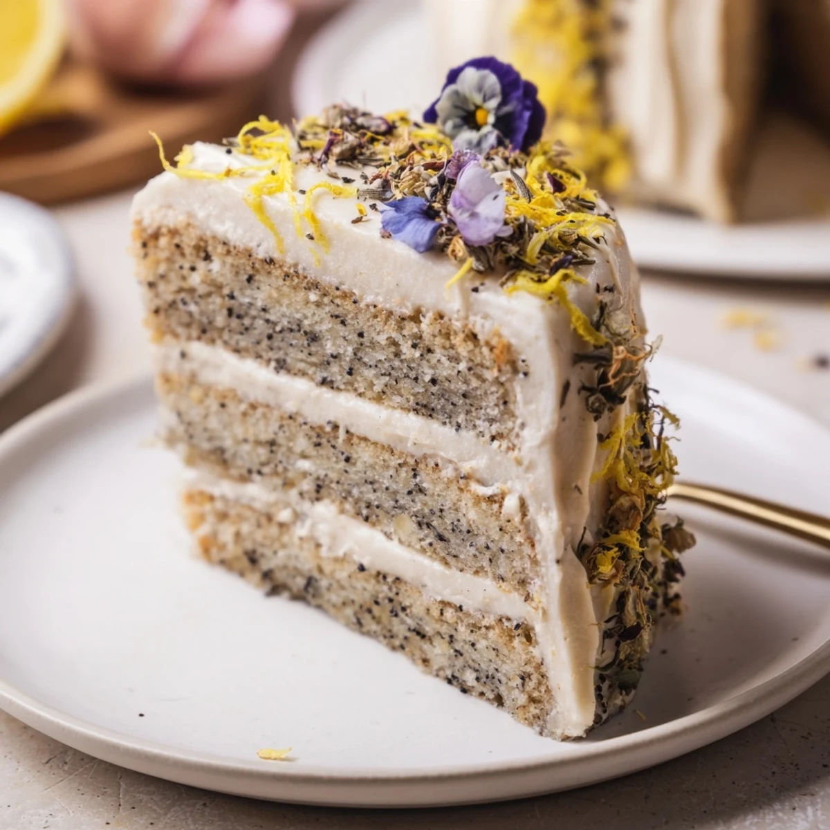 Three-tier London Fog cake topped with edible flowers and lemon zest garnish