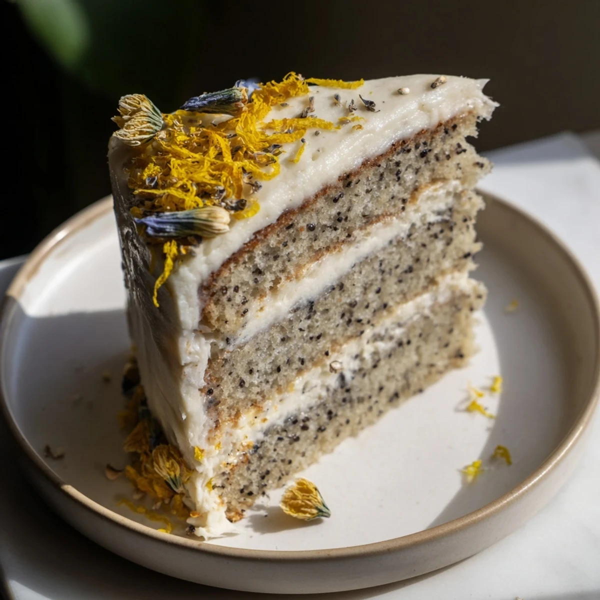 Moist Earl Grey cake brushed with tea syrup and swirled with vanilla frosting