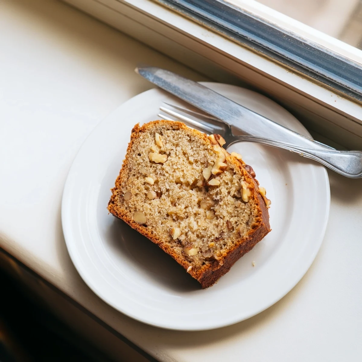 Freshly baked best ever banana bread served on a wooden cutting board with melted butter melting on top
