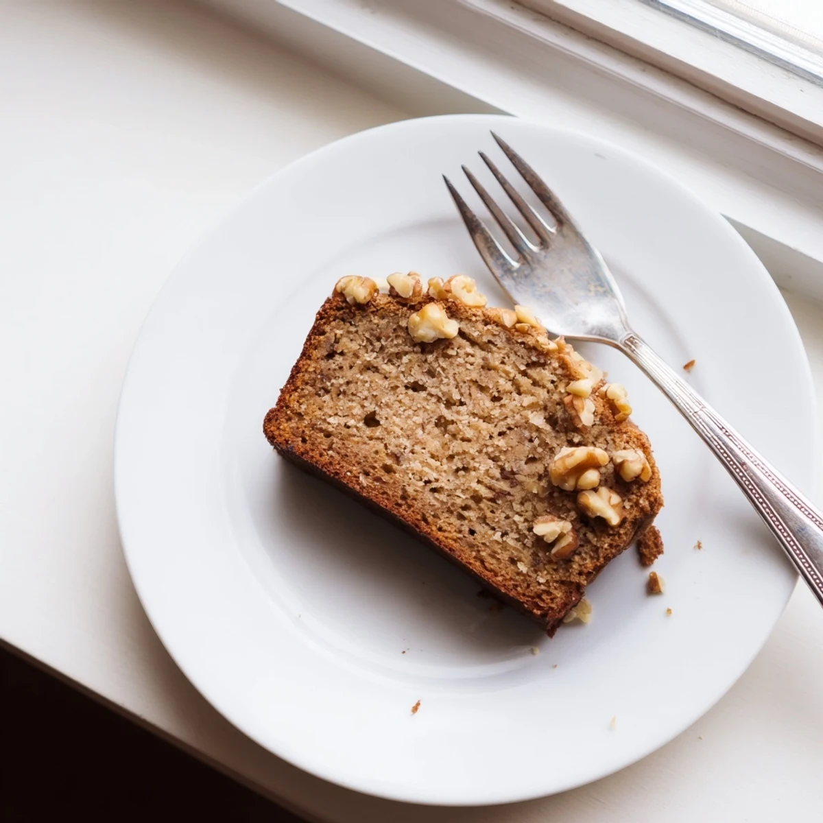 Warm slice of best ever banana bread on a white plate, perfect for breakfast or afternoon snack