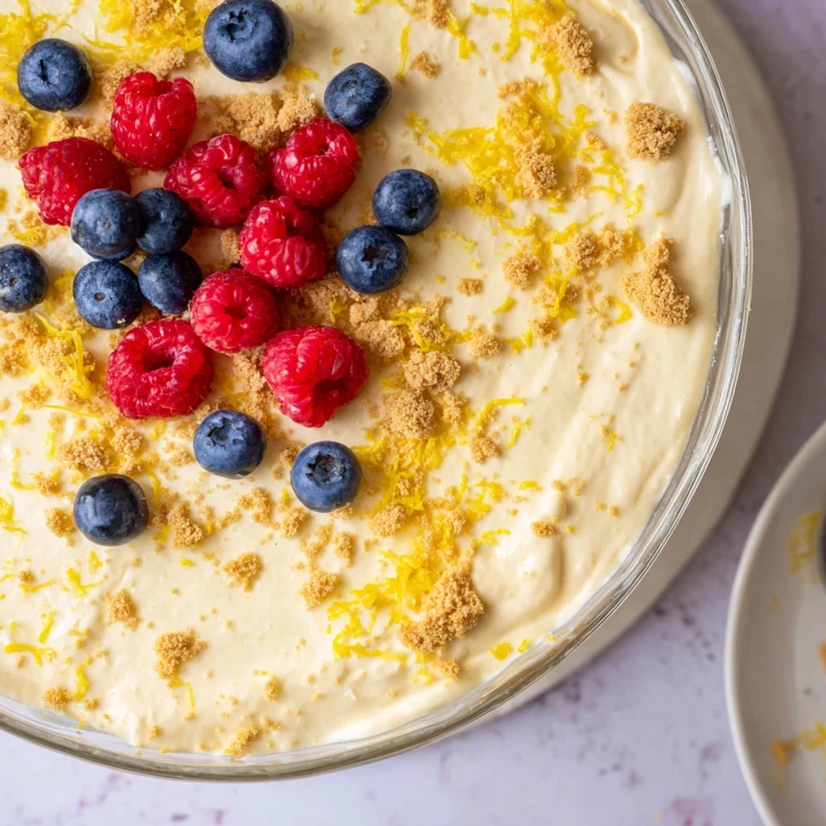Tangy lemon cheesecake mousse with whipped cream texture served in individual clear glasses