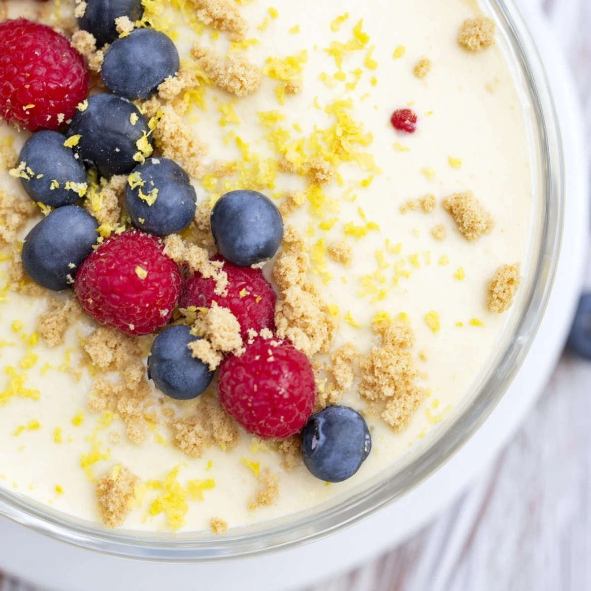 Light and fluffy lemon cheesecake mousse dessert garnished with berries and graham cracker crumbs