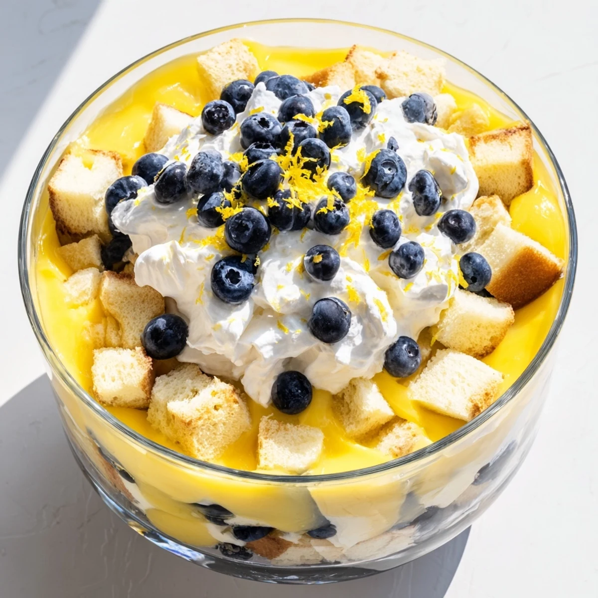 Glass trifle bowl showcasing layered lemon blueberry trifle with fluffy whipped cream topping and fresh blueberry garnish