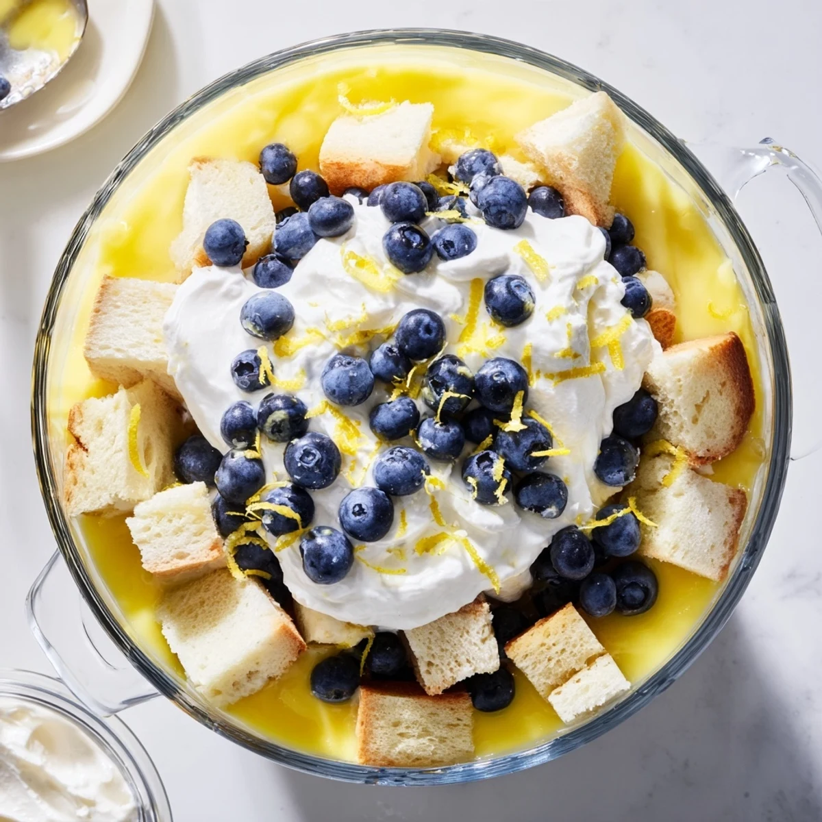 Sliced glass bowl revealing vertical layers of easy lemon blueberry trifle with zest garnish and white whipped cream