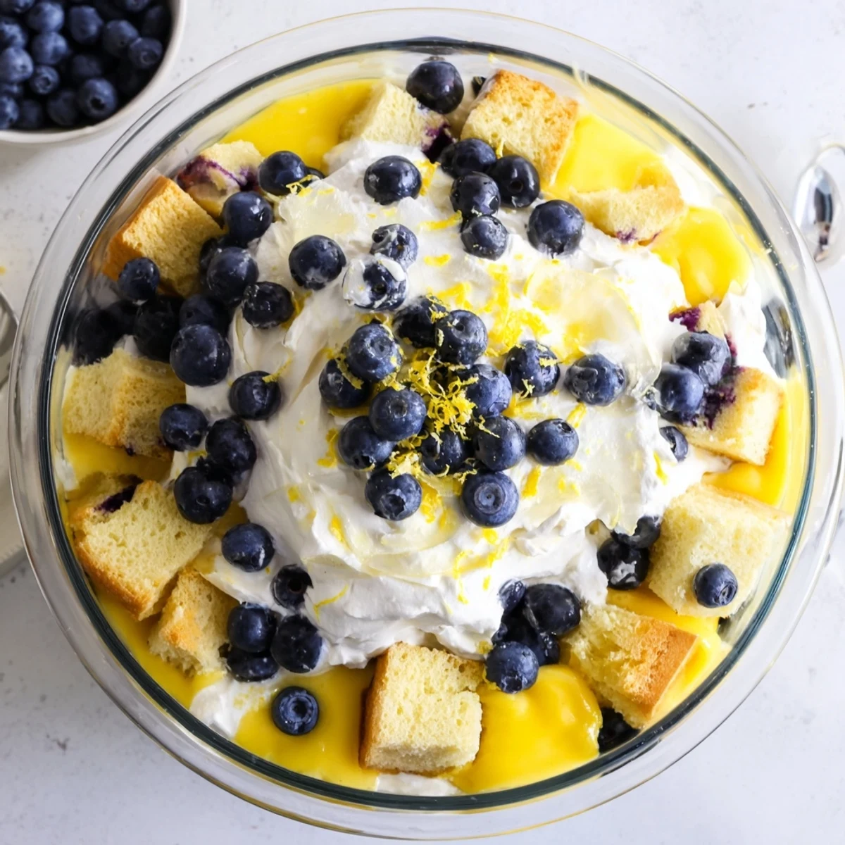 Summer dessert featuring easy lemon blueberry trifle with pound cake cubes, tangy lemon curd, and juicy berry layers