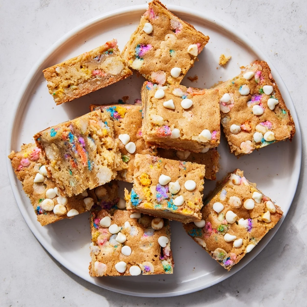 Buttery square slice of Spring Funfetti Blondies topped with colorful confetti sprinkles