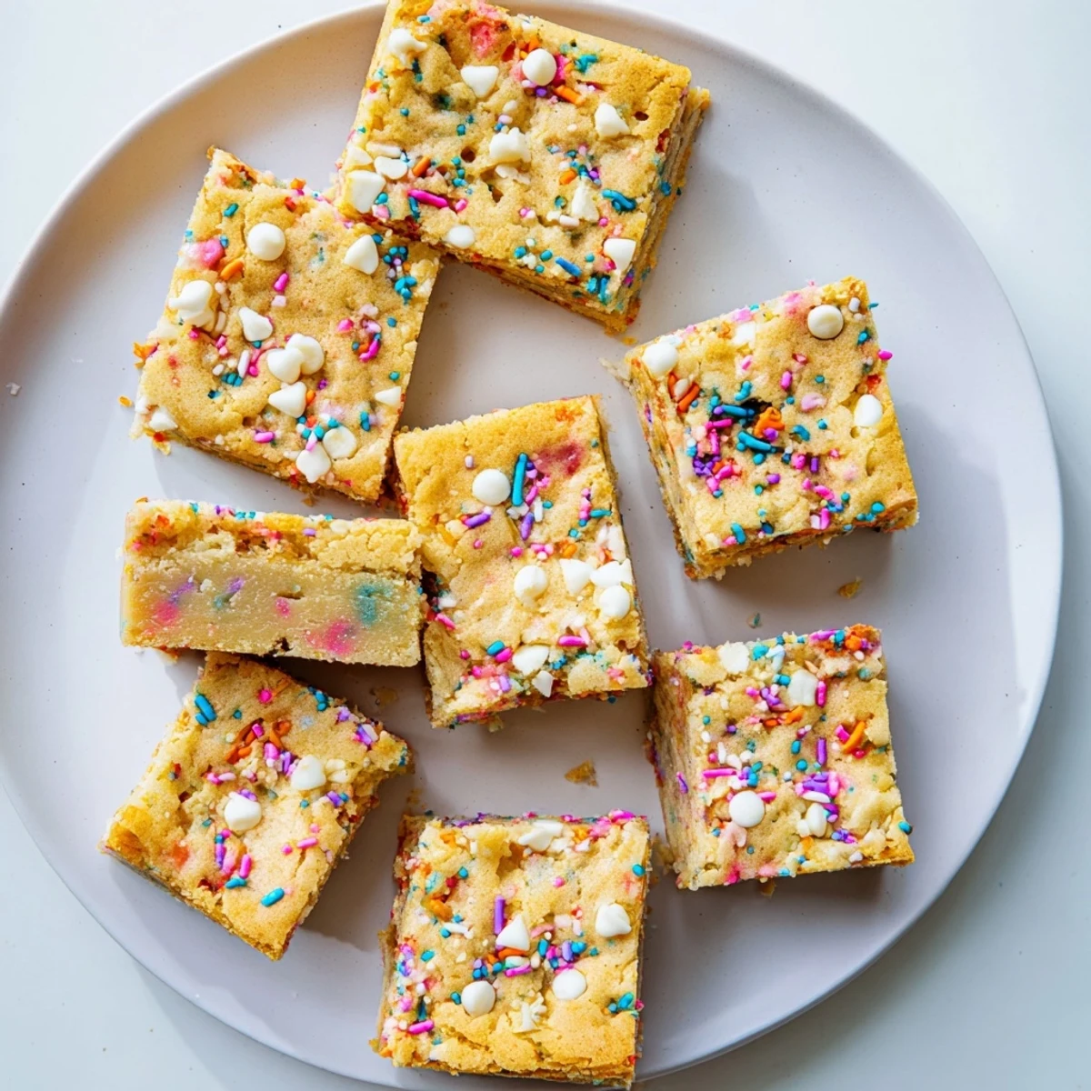 Golden Spring Funfetti Blondies scattered with vibrant rainbow sprinkles on a white plate