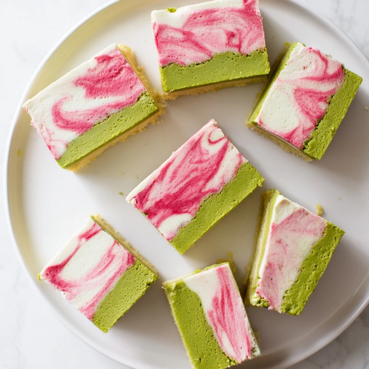 Vibrant matcha strawberry cream bars featuring green tea shortbase with swirled berry topping