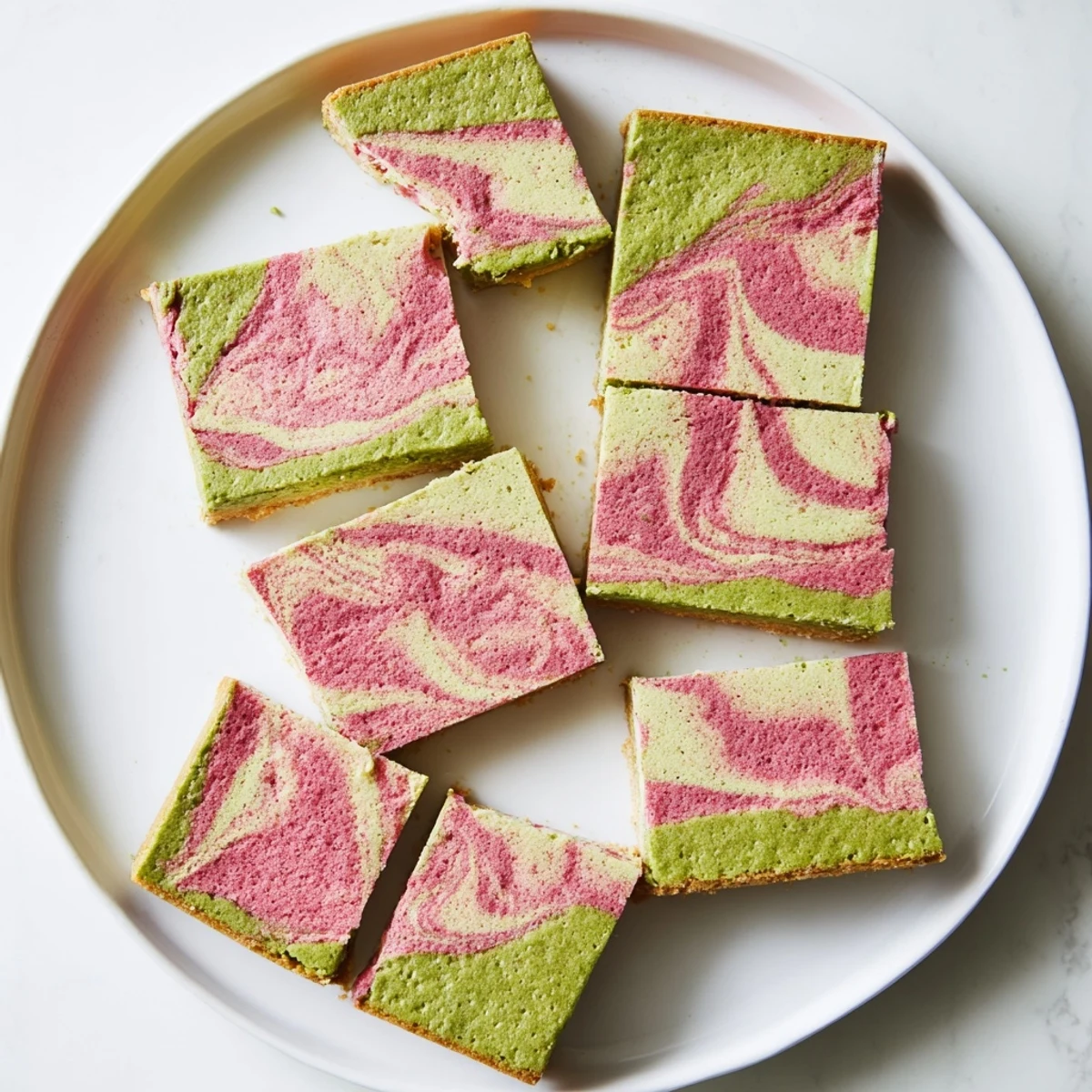 Delicious matcha strawberry cream bars sliced into squares on white serving plate