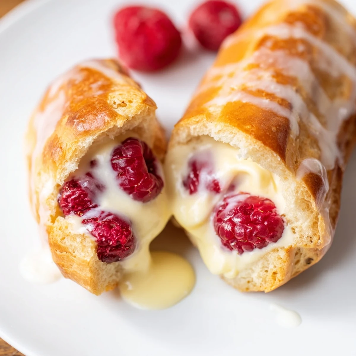 Golden lemon raspberry éclairs topped with light lemon glaze and fresh raspberries on a white plate