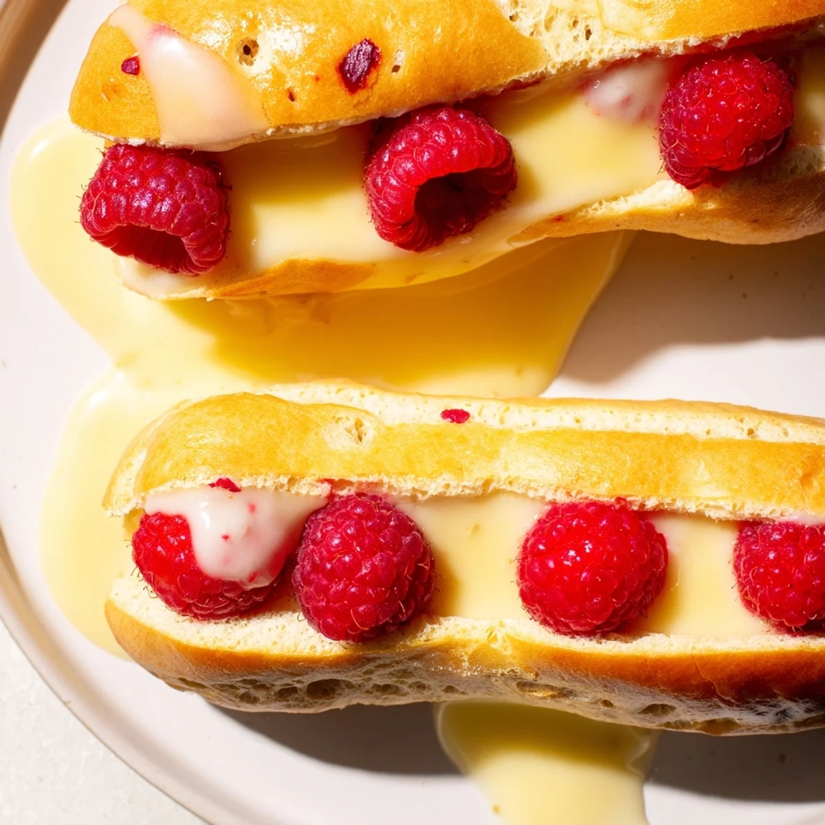 Close up of lemon raspberry éclairs with smooth cream filling and bright red raspberry garnish