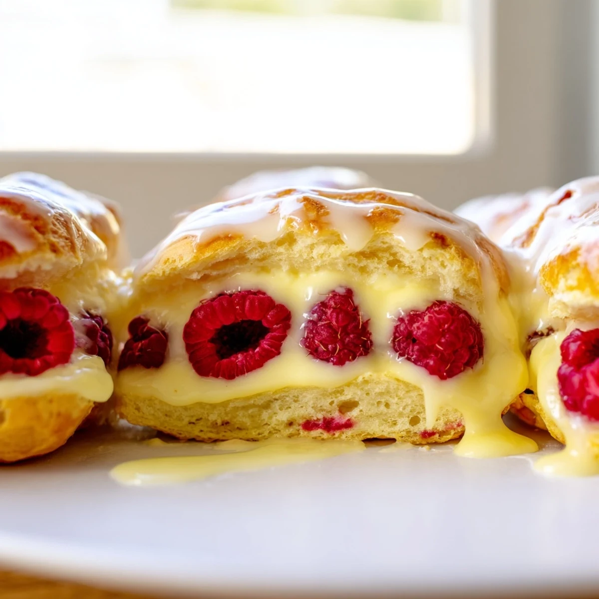 Elegant French pastry filled with tangy lemon cream and fresh raspberries drizzled with citrus glaze