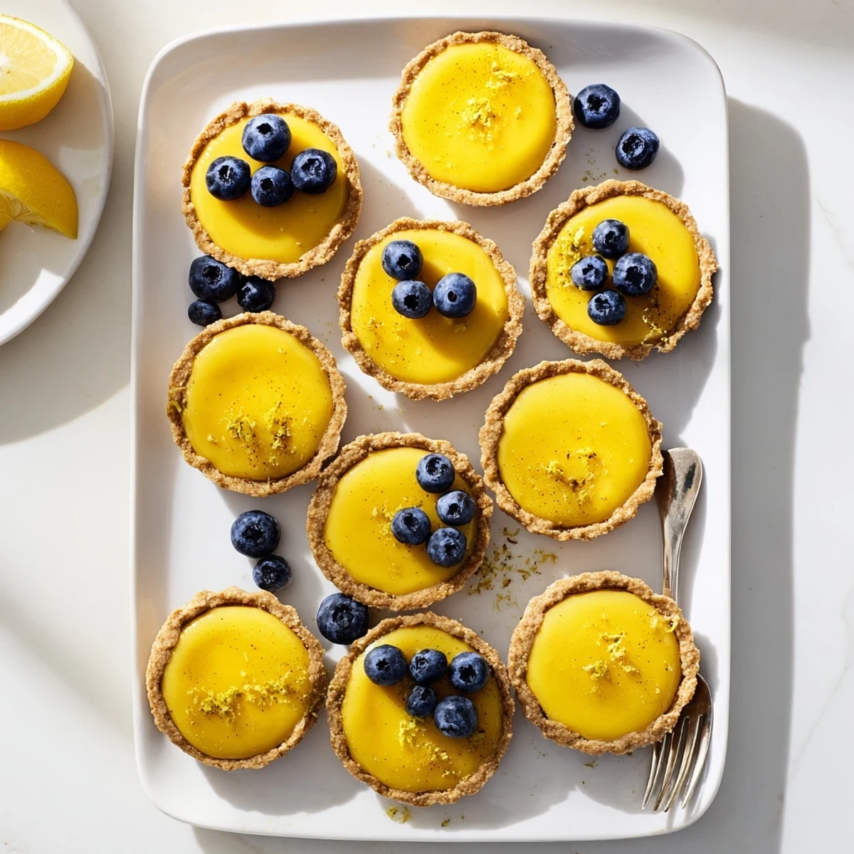 Golden mini vegan lemon tarts with smooth coconut custard filling in flaky pastry shells