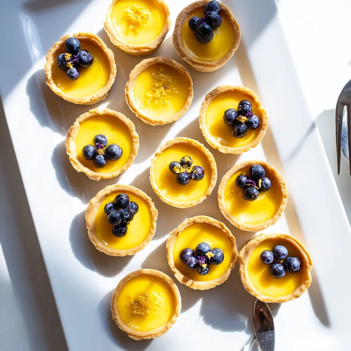 Bite-sized vegan lemon tarts topped with fresh zest on a white serving plate