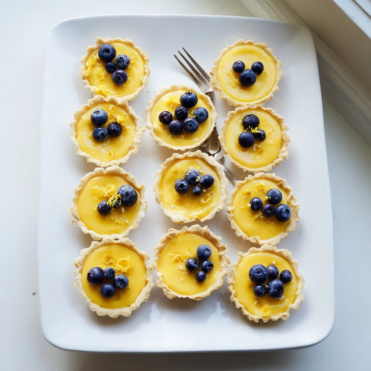 Twelve creamy vegan lemon tarts arranged on a wooden board with bright yellow centers