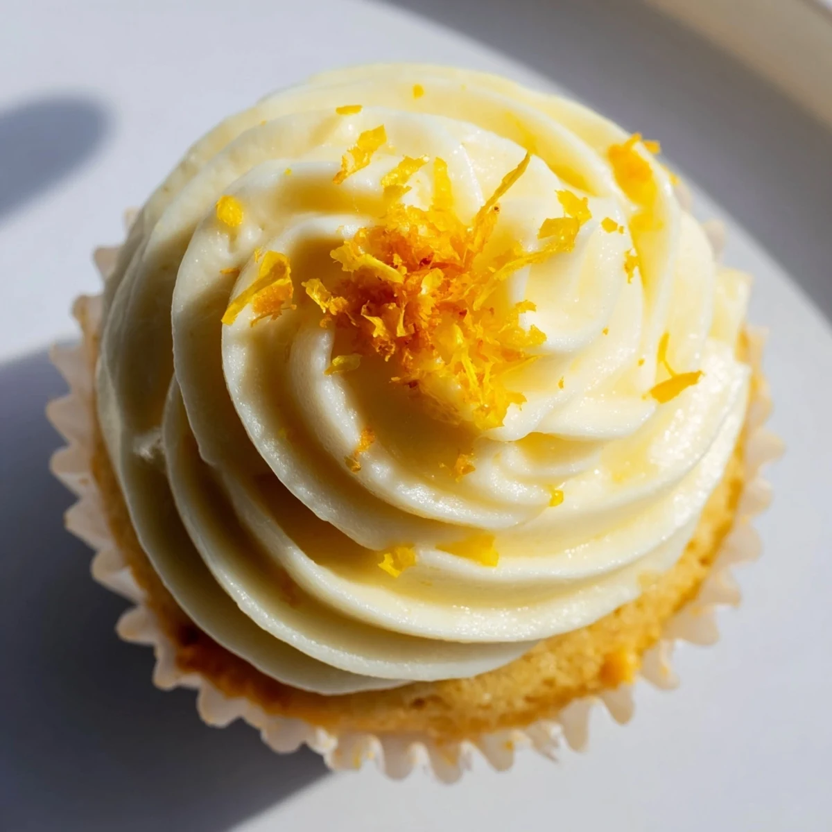 Golden orange blossom cupcakes topped with fluffy white citrus frosting and fresh orange zest garnish