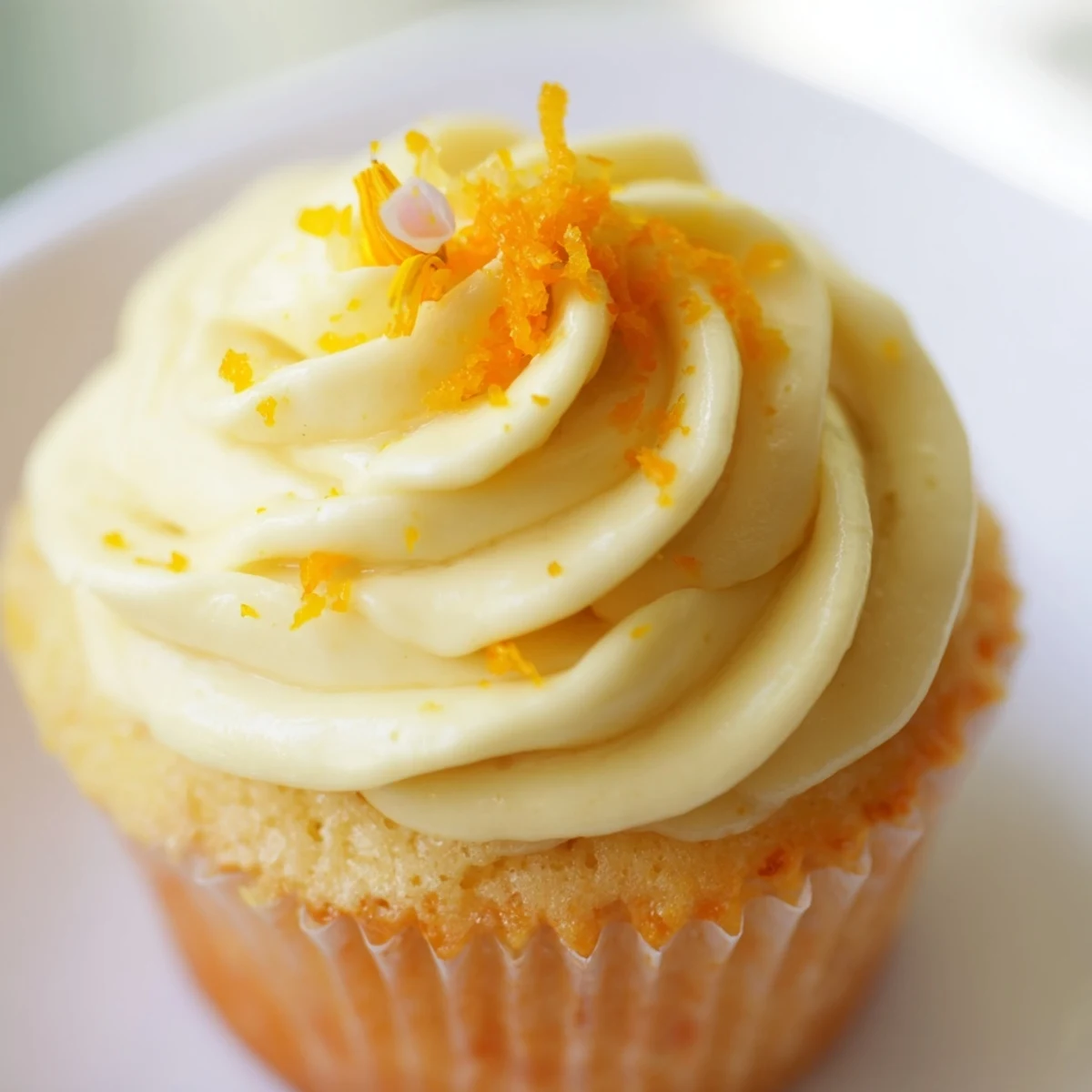 Springtime orange blossom cupcakes with delicate floral frosting and edible flowers for afternoon tea