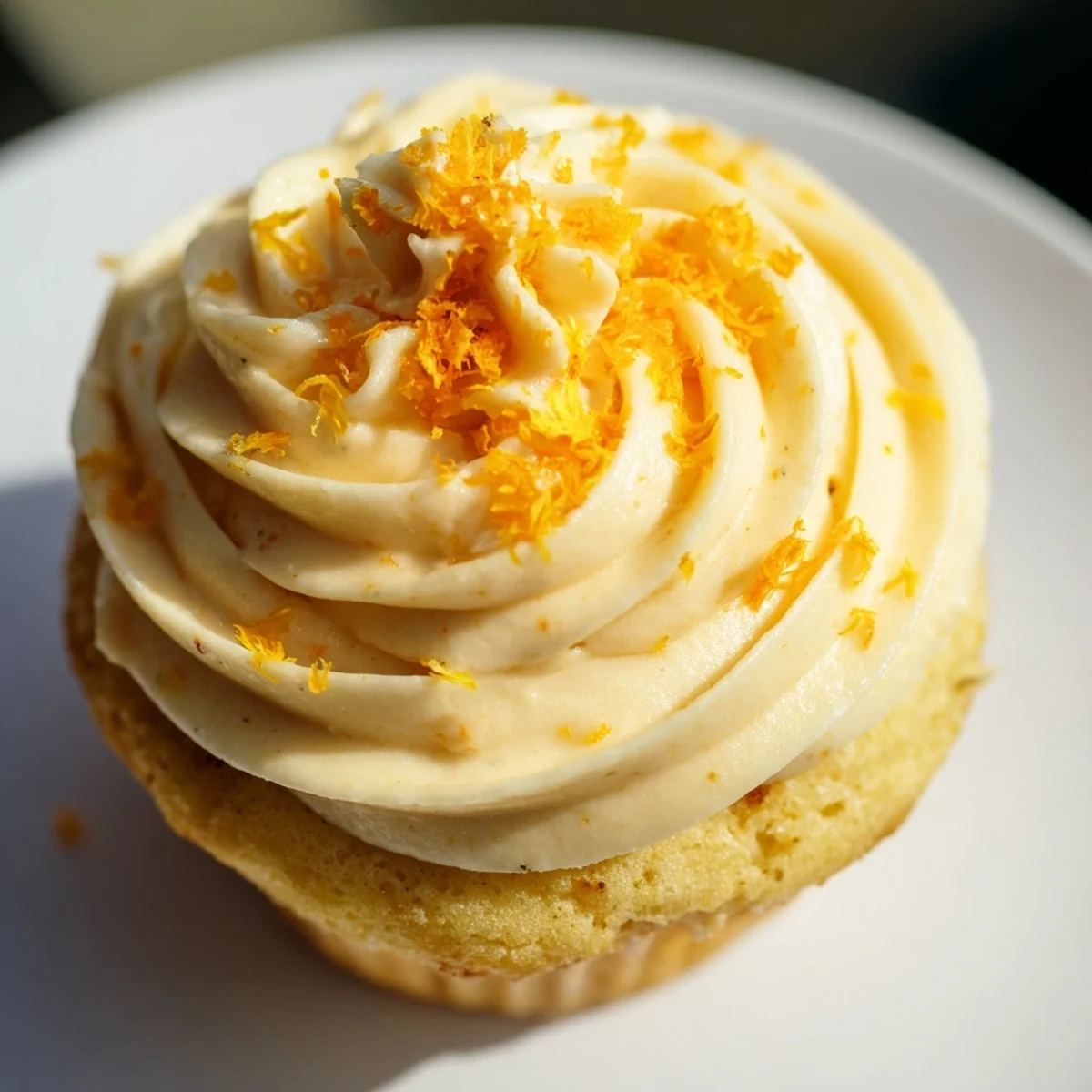 Fragrant orange blossom cupcakes drizzled with light citrus glaze on a white serving plate