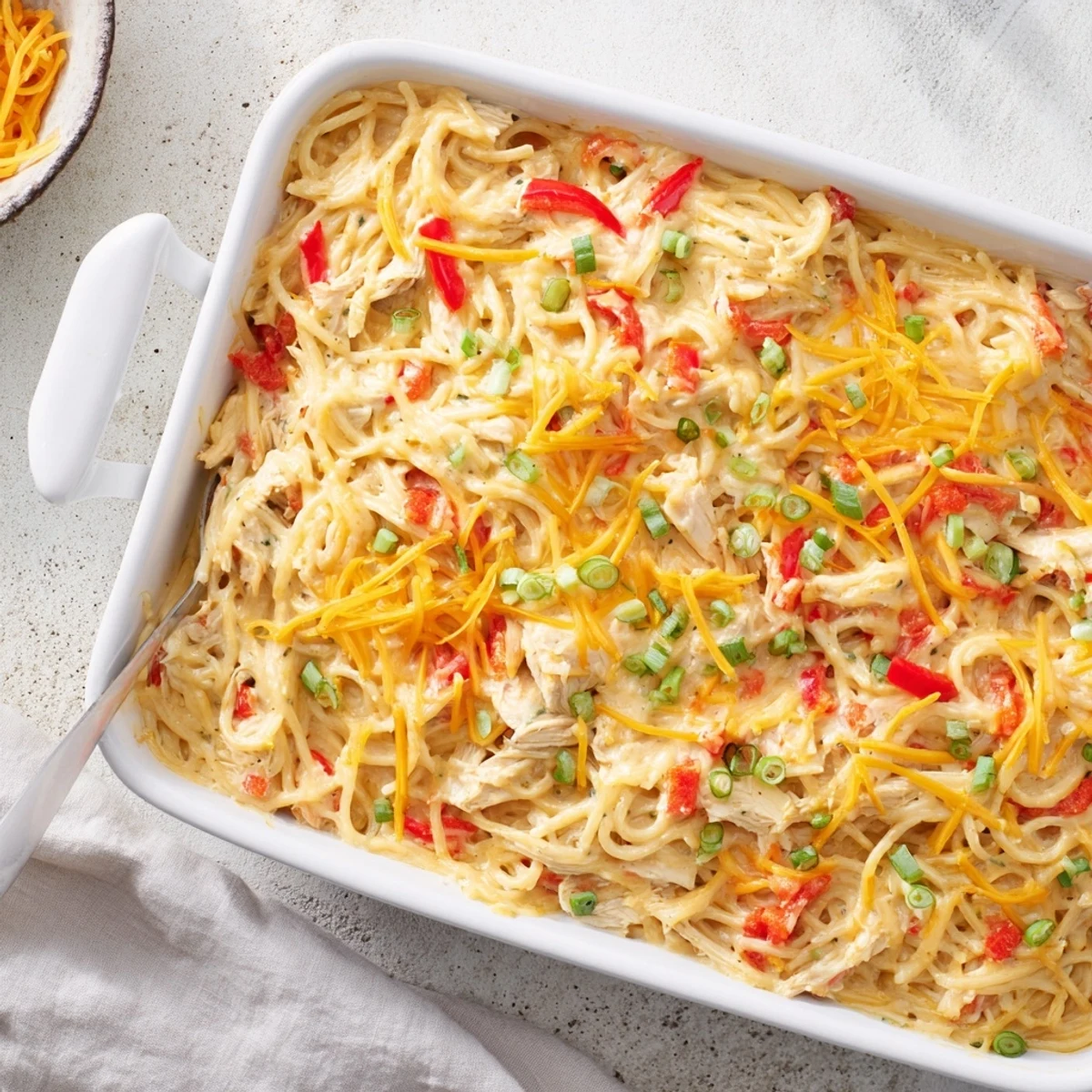 Golden baked Monterey chicken spaghetti casserole with melted cheese topping and fresh green onion garnish