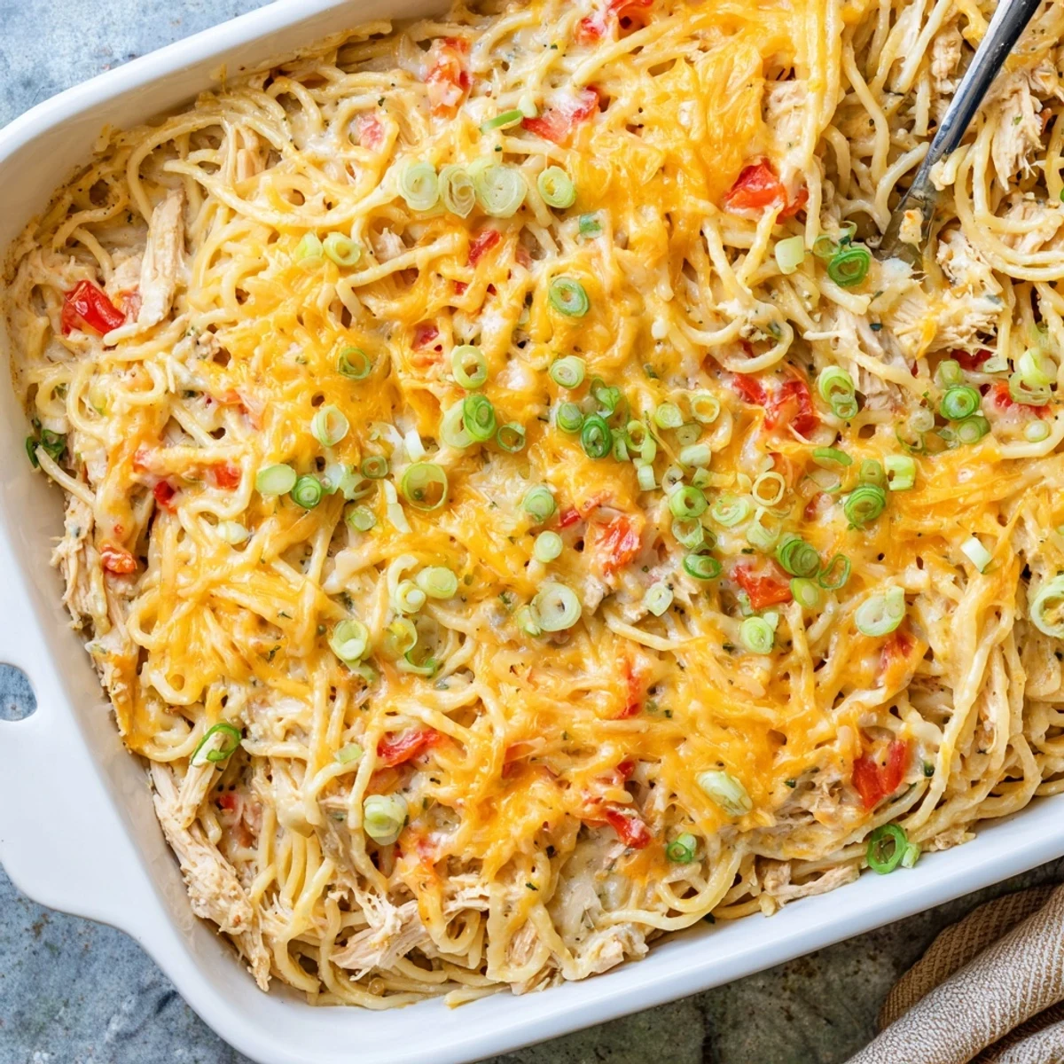 Creamy Monterey Jack cheese sauce coats tender spaghetti and juicy chicken in this bubbling American casserole