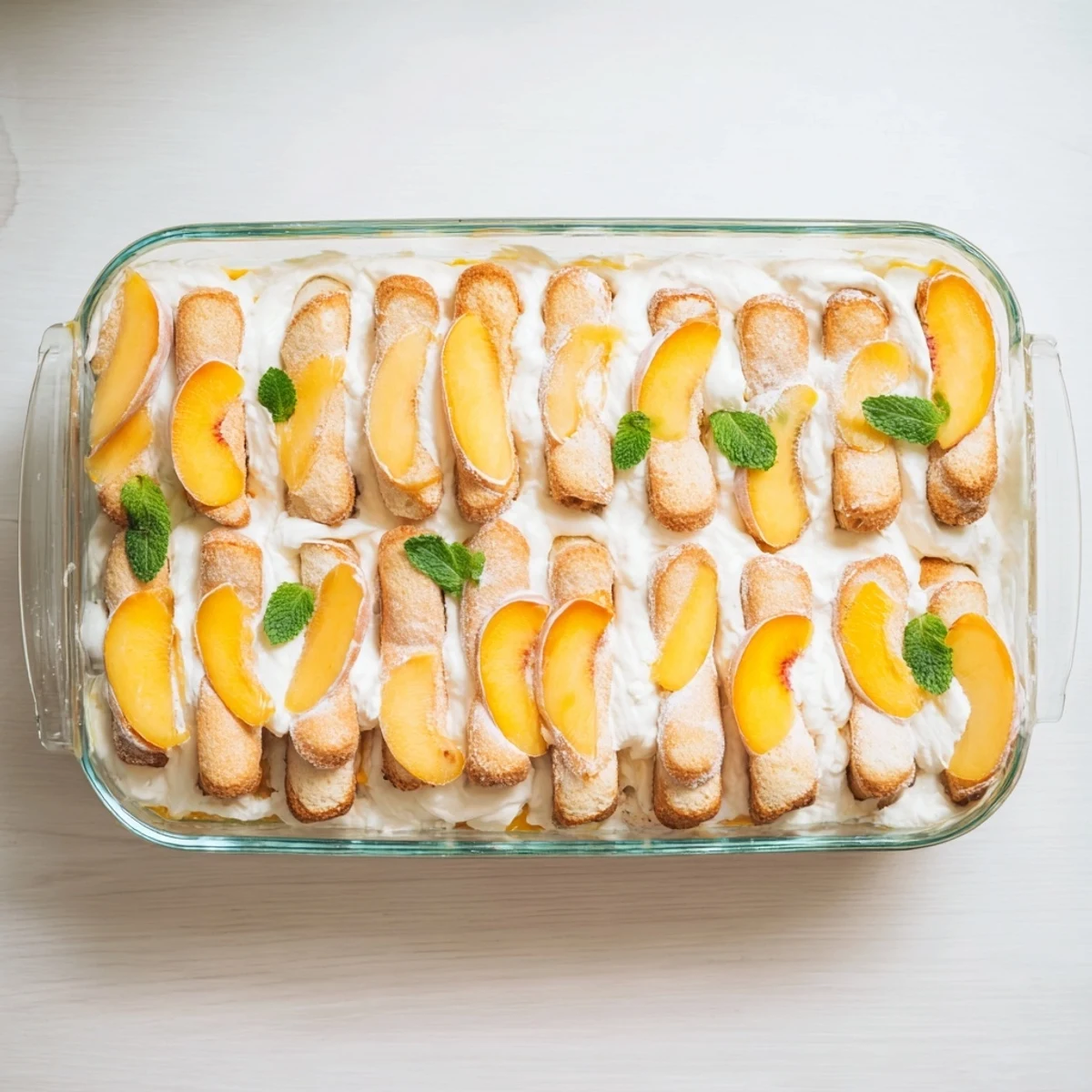 Summer peach tiramisu with golden peach slices, fluffy mascarpone cream, and mint garnish on a white plate