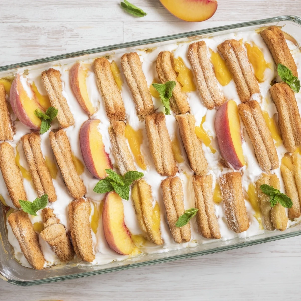 Layered peach tiramisu dessert featuring juicy peaches, creamy mascarpone filling, and soft ladyfingers in a glass serving dish