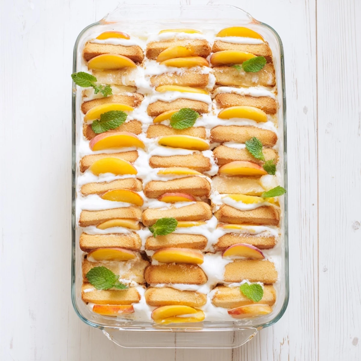 Italian-style peach tiramisu showing alternating layers of soaked ladyfingers, sweet peaches, and vanilla mascarpone cream