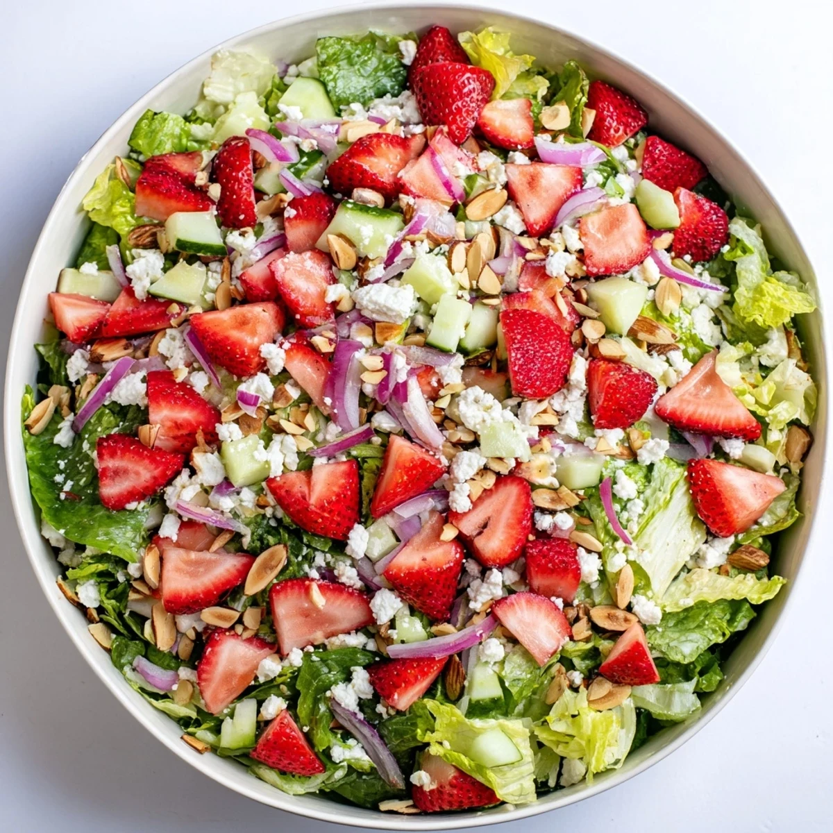 Bowl of refreshing strawberry romaine feta salad topped with toasted almonds and drizzled with balsamic dressing