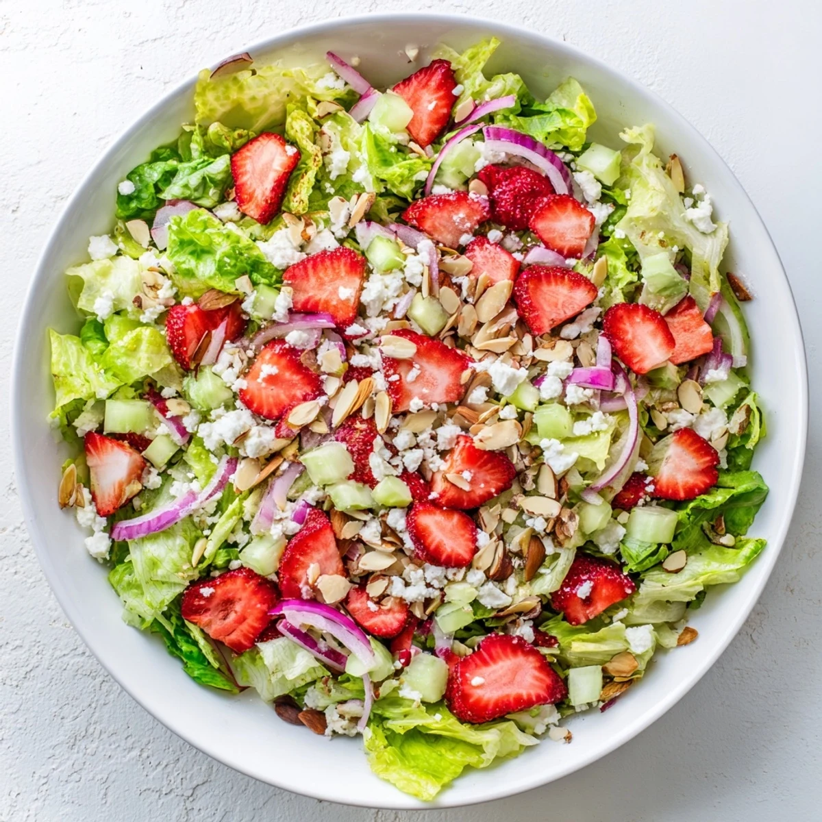 Colorful salad plate featuring crisp romaine, juicy sliced strawberries, crumbled feta cheese, and golden toasted almonds